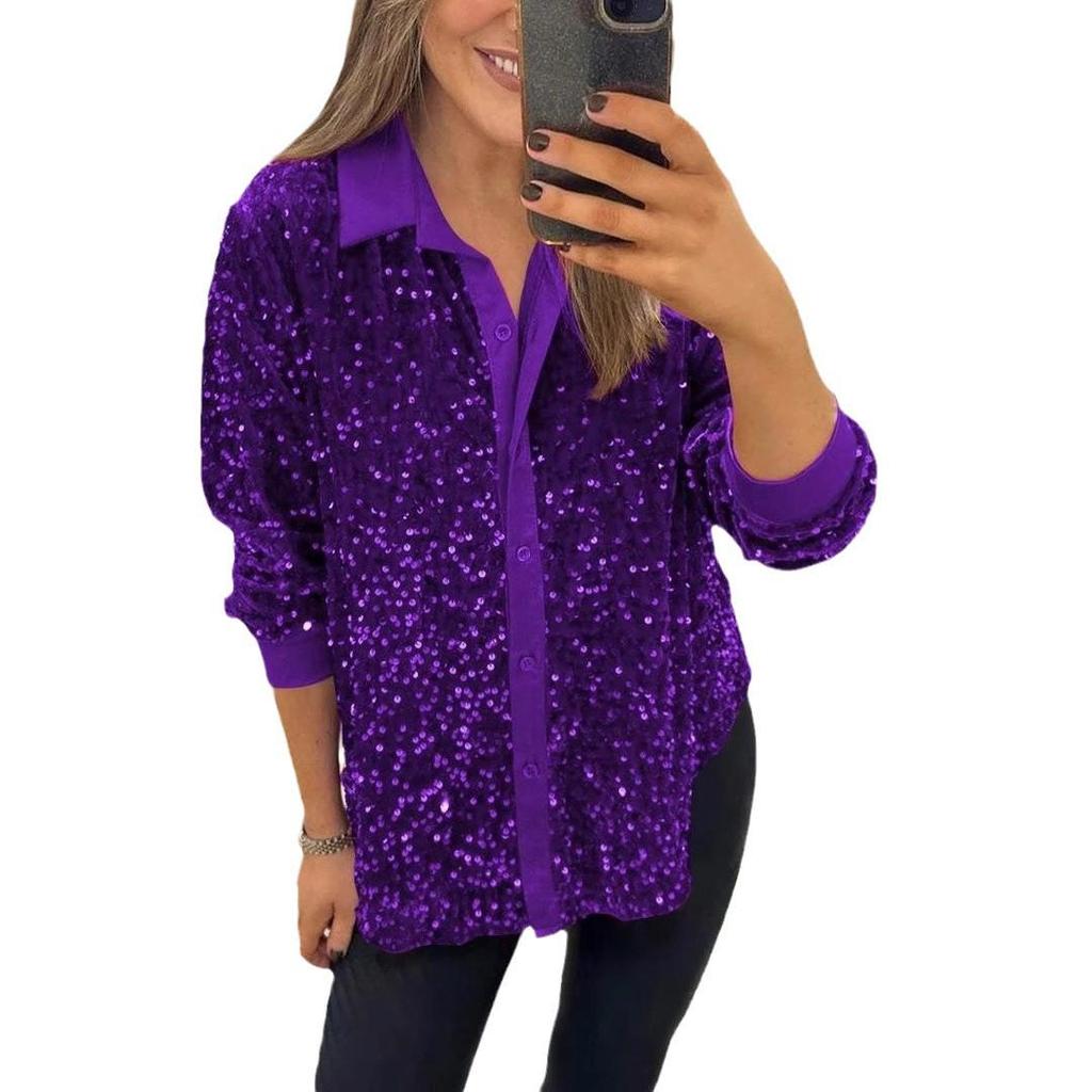 2026 Autumn/Winter Women's Loose Fit Sequin Long Sleeve Shirt
