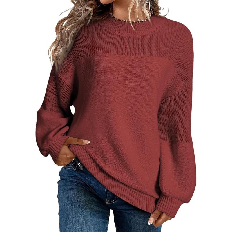 Solid Color Lantern Sleeve Pullover Round Neck Long Sleeve Sweater for Women