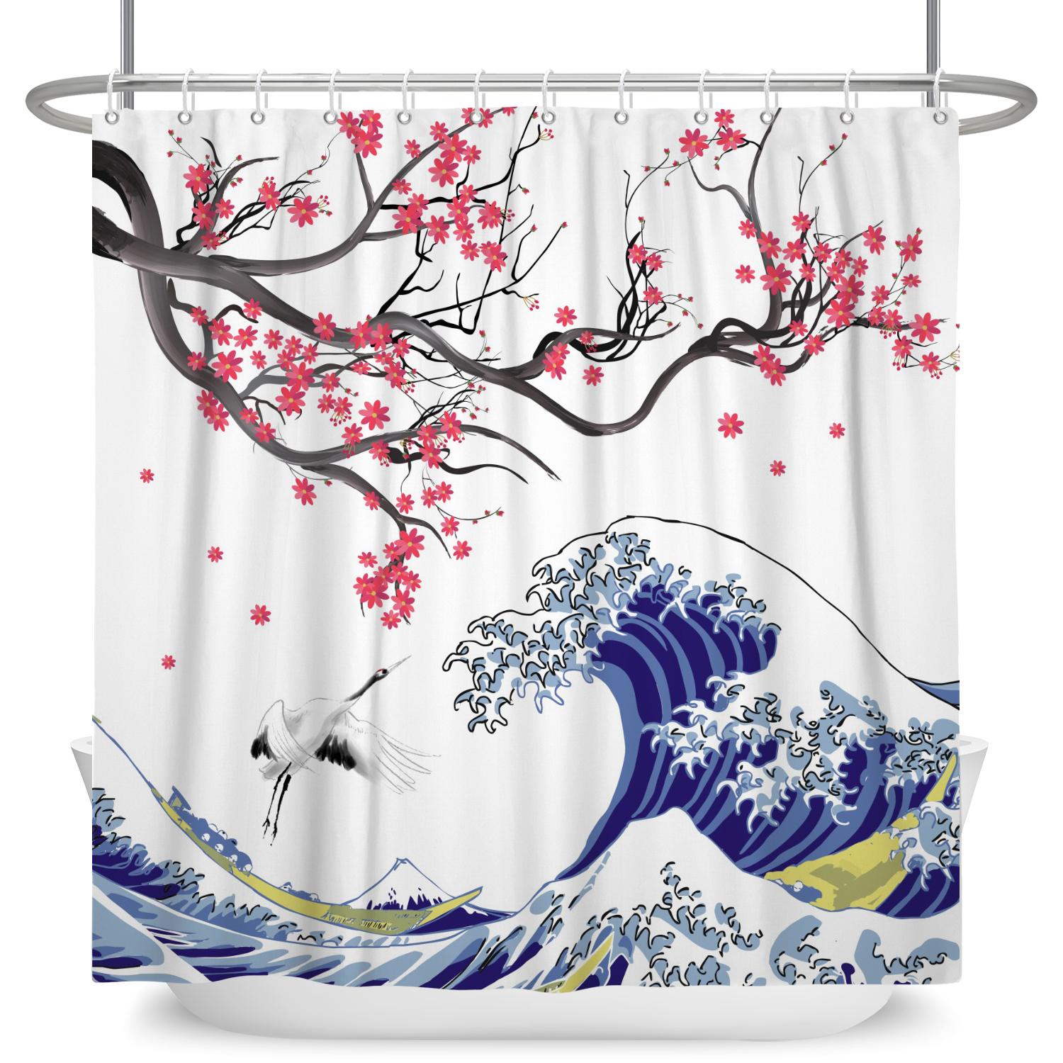 Japanese Style Wave Shower Curtain Ukiyo E Art Cherry Blossom Print Waterproof Bath Curtain Bathroom Decor Polyester With Hooks W90cm x H180cm