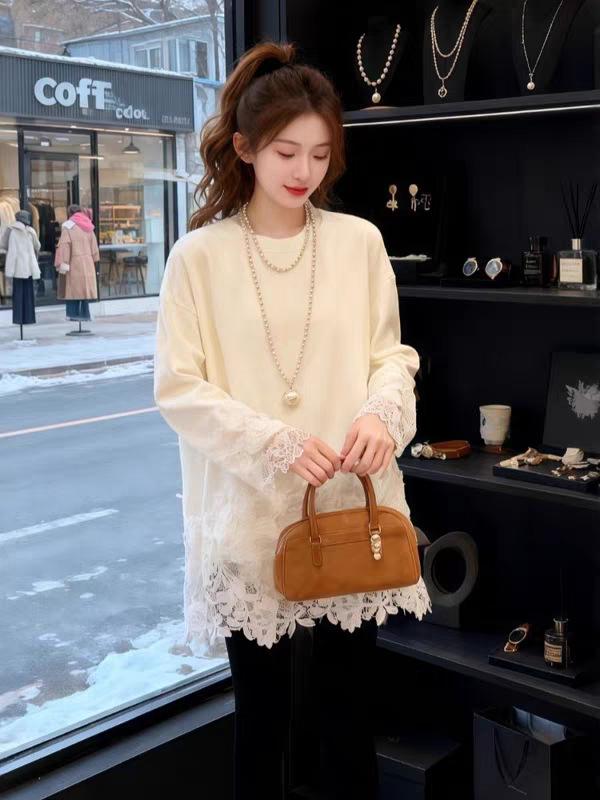 Plus-Size Women's Lace Spliced Mid-Length Sweatshirt: New Long-Sleeved Base Layer for Spring and Autumn, Belly-Covering Design