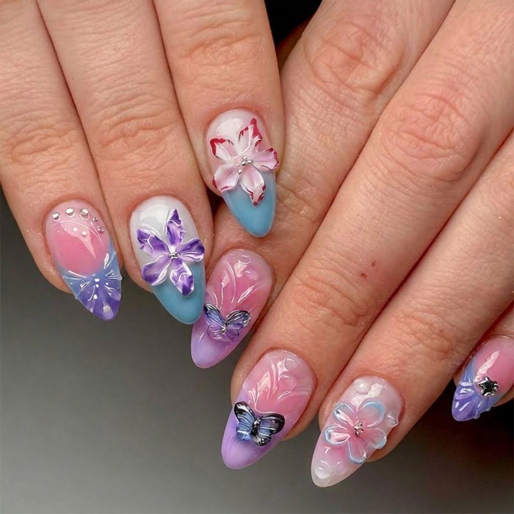30-piece Set 3D Flower Press-on Nails Almond-shaped Pinkish Purple Artificial Nail Tips Reusable Gradient Pink Gel Fake Nails