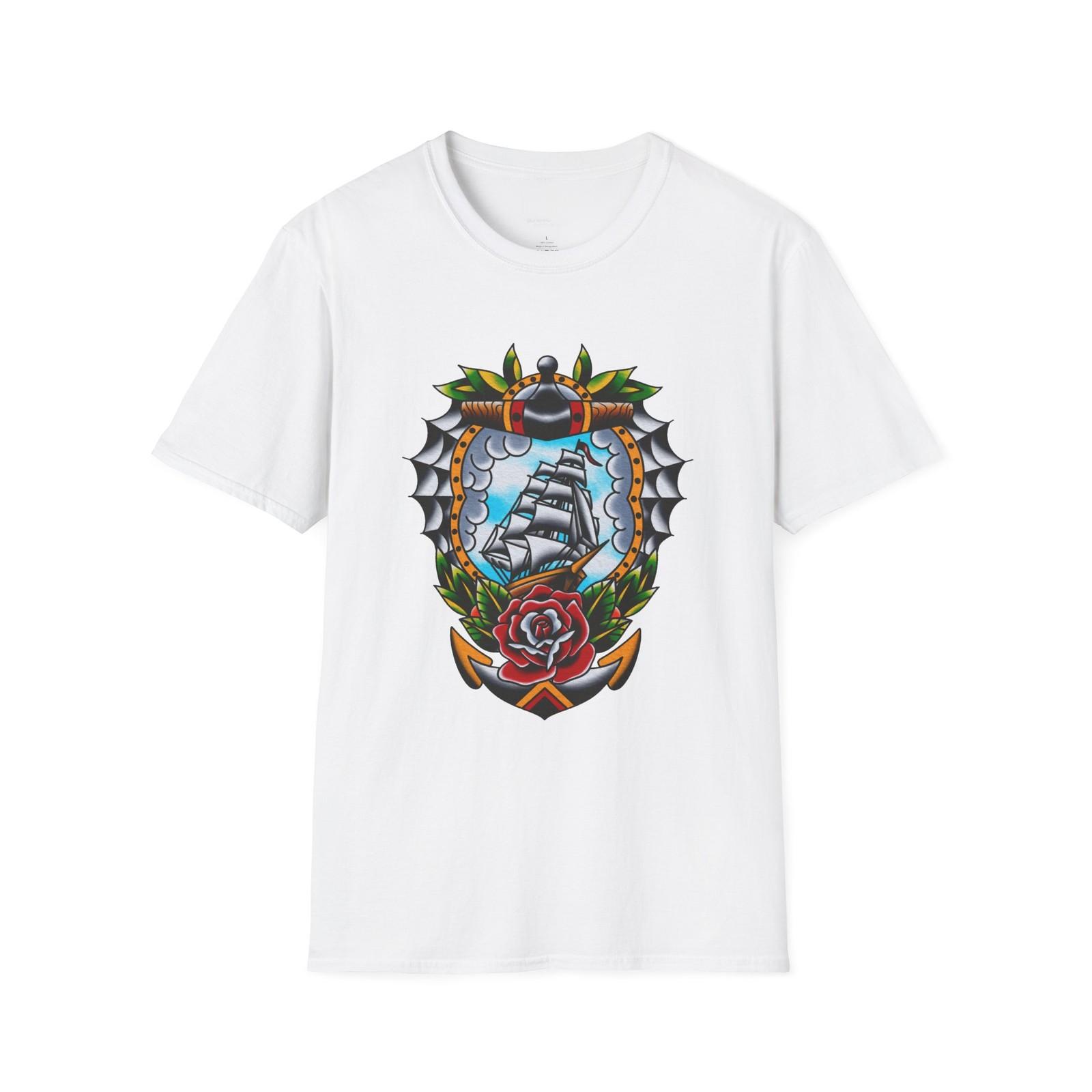 Traditional Ship Roses Anchor Tattoo Old School Sailor Vintage Style T-Shirt S