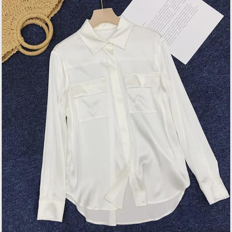 Silk Satin White Shirt: Elegant Foreign Design, Spring 2025 Women's Fashion