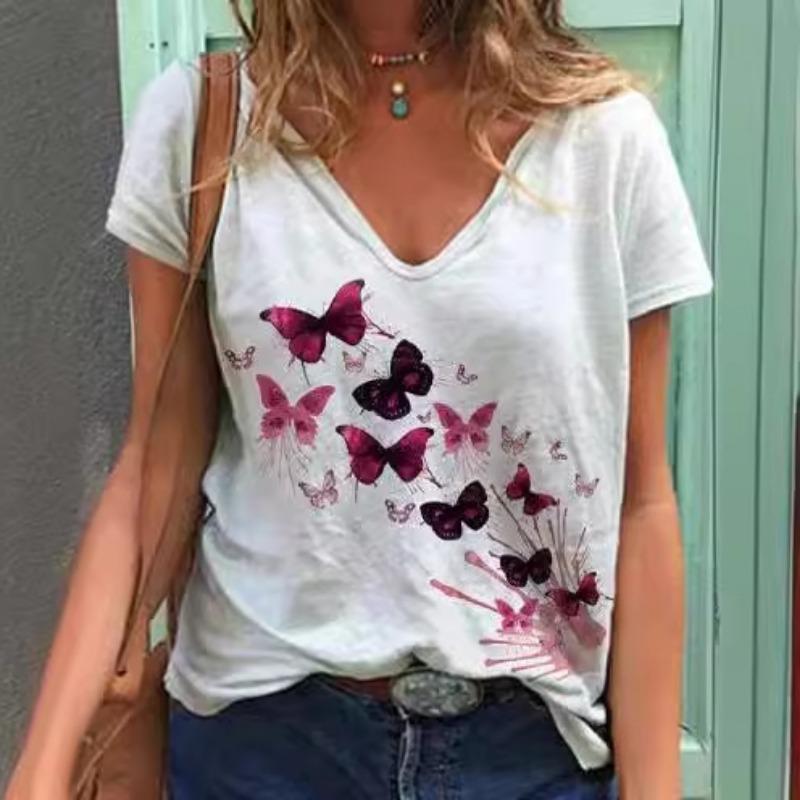 Sommer Schmetterling Libelle 3D V-Ausschnitt Bedruckt Neues Damen Top T-Shirt