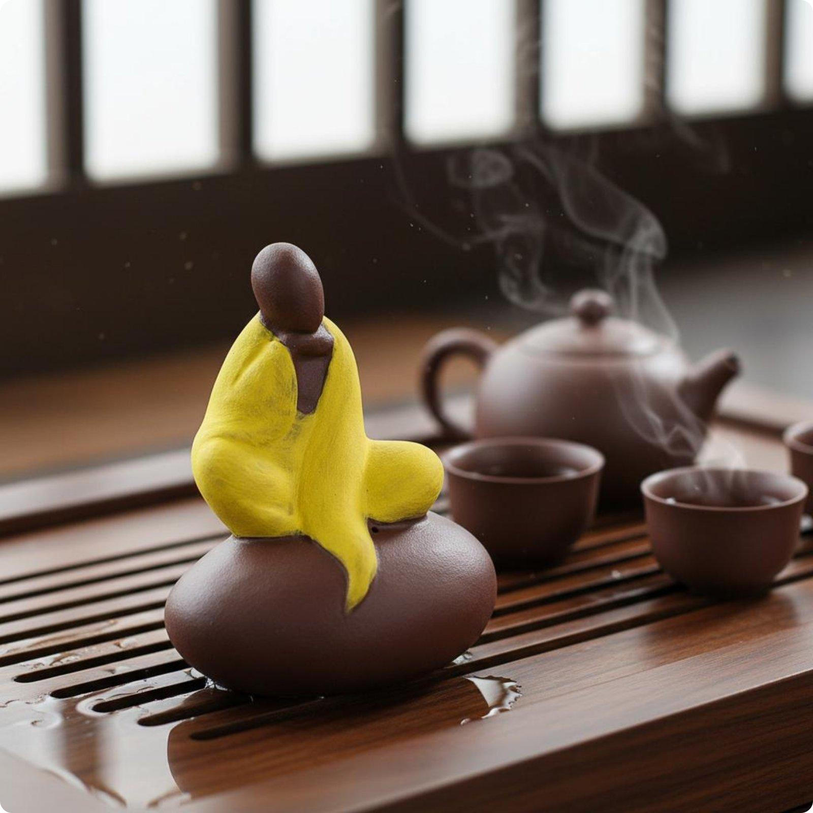 Clay Monk Figurine Meditative Decor Tea pet Meditating Statue for Office Desk Yellow