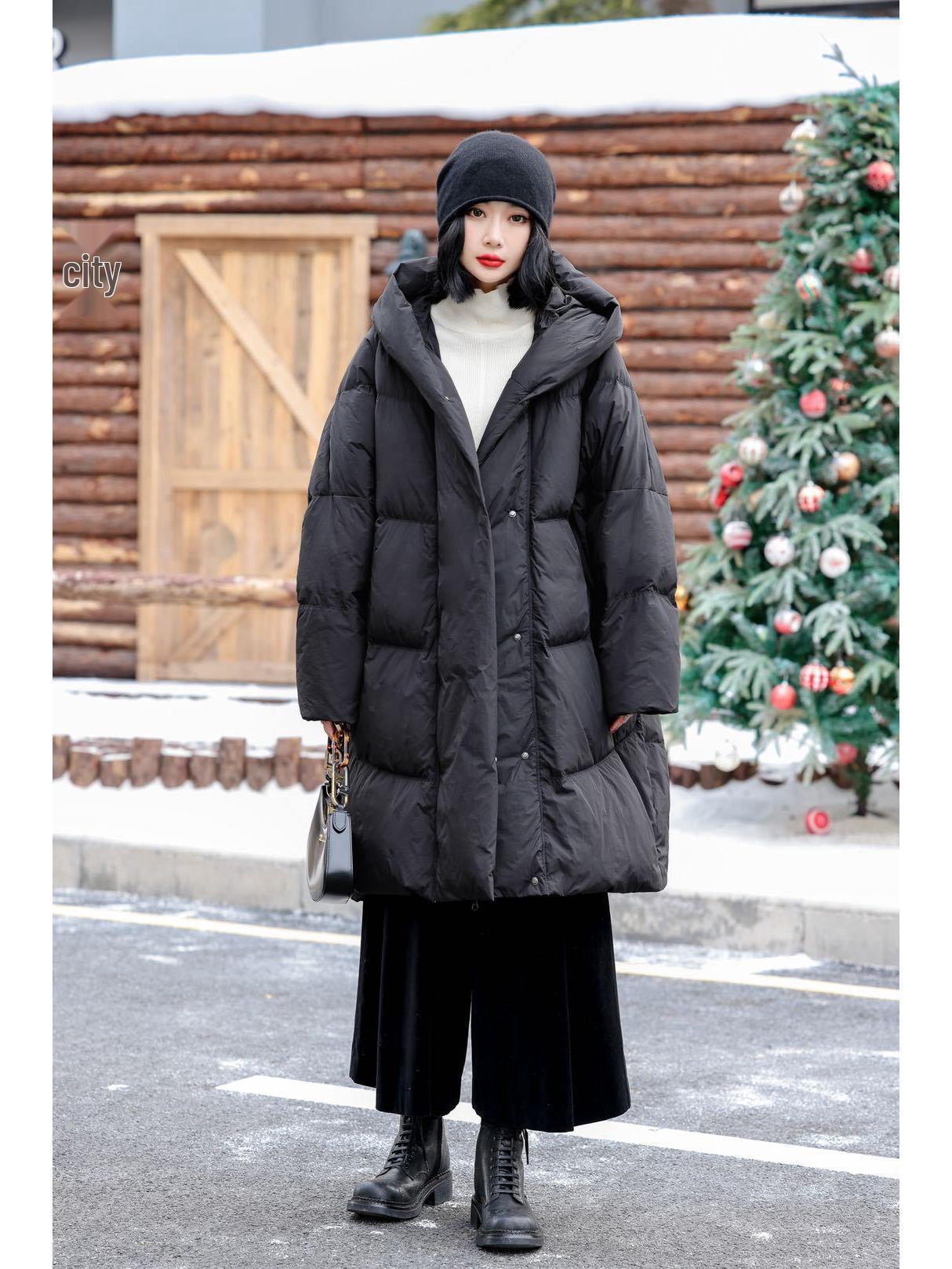 

2025 Women s Plus Size Thickened White Duck Down Winter Coat, Over-the-Knee Mid-Length. M чорний