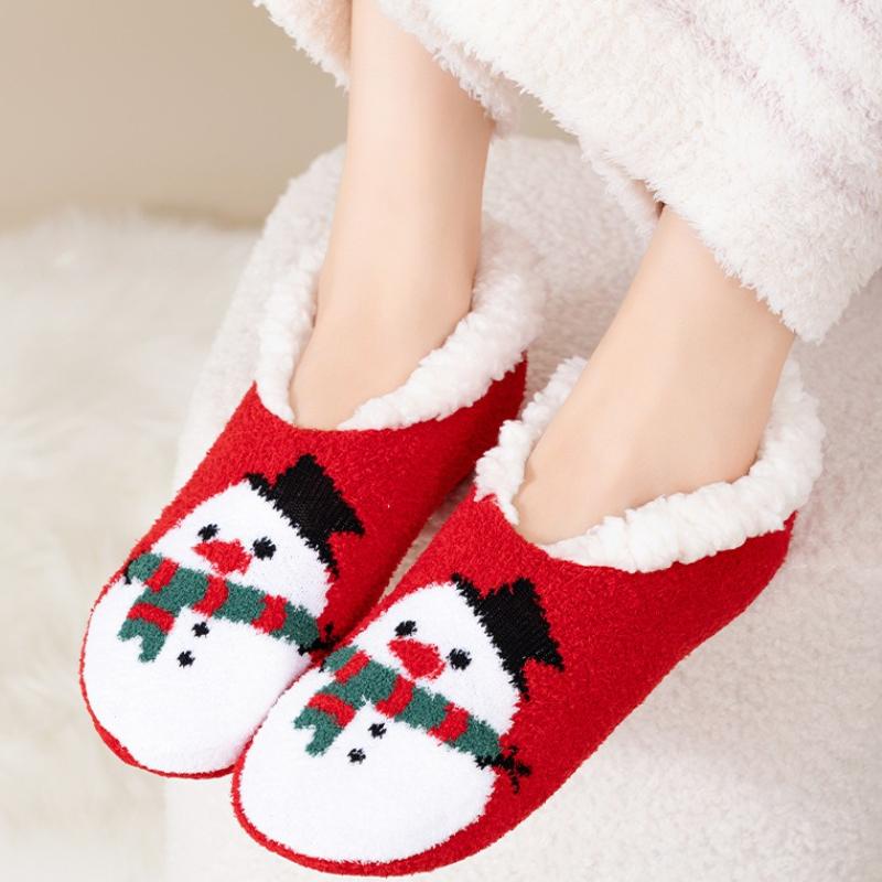 Fashion 1 Pair Cute Cartoon Christmas Home Floor Shoes Woman Winter Indoor Socks Shoes Soft Plush Anti-slip Sole Girls Warm Cotton Shoes