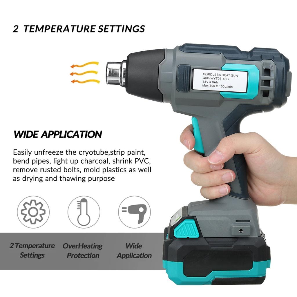 NEW 18V 4000mAh Electric Cordless Heat Gun Temperatures Adjustable Hot Air Gun With 3 Nozzles Attachments Power Tool