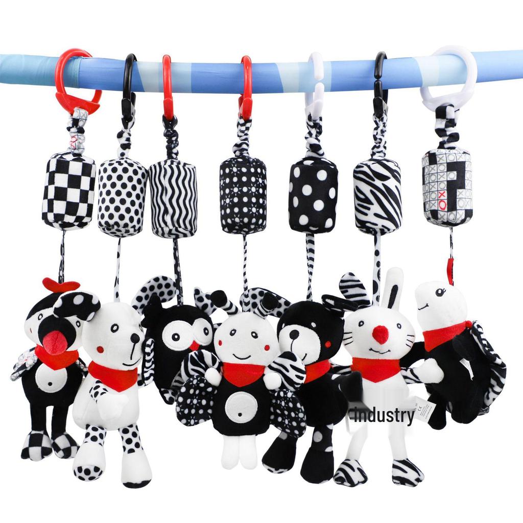 BBSKY Black & White Baby Stroller Mobile: Rabbit, Bee, Bird & Dog Plush Hanging Ornaments 