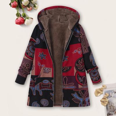 Kadın Kışlık Mont Retro Çiçek Desenli Kapşonlu Kalın Peluş Fermuarlı Isı Tutma Uzun Kollu Orta Uzunluk