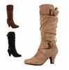 Women Boots Plus Size Med Square Buckle Strap Heel Round Toe Knee-High Shoes Winter Boot