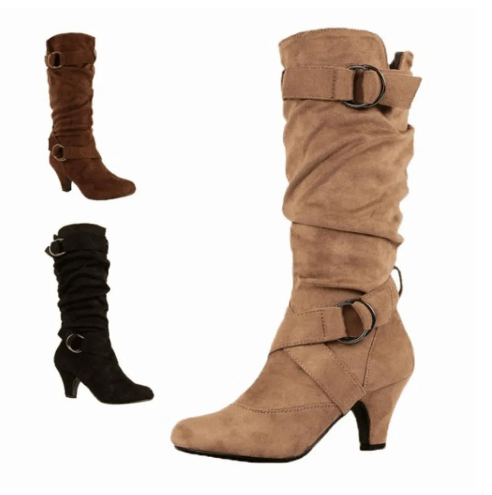 Women Boots Plus Size Med Square Buckle Strap Heel Round Toe Knee-High Shoes Winter Boot