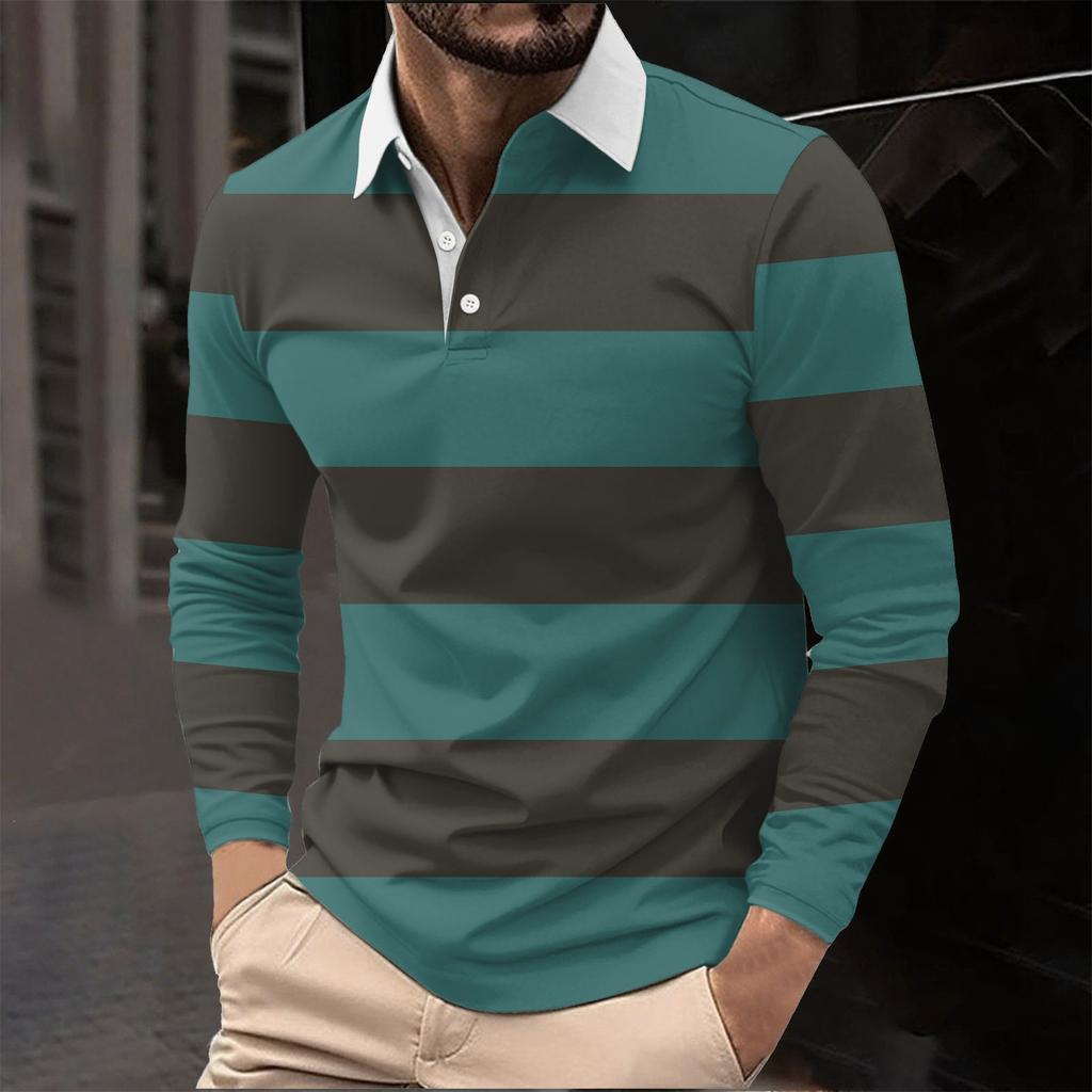 Camisa Polo Masculina Listrada de Manga Longa, Top Casual Fashion para Uso Diário