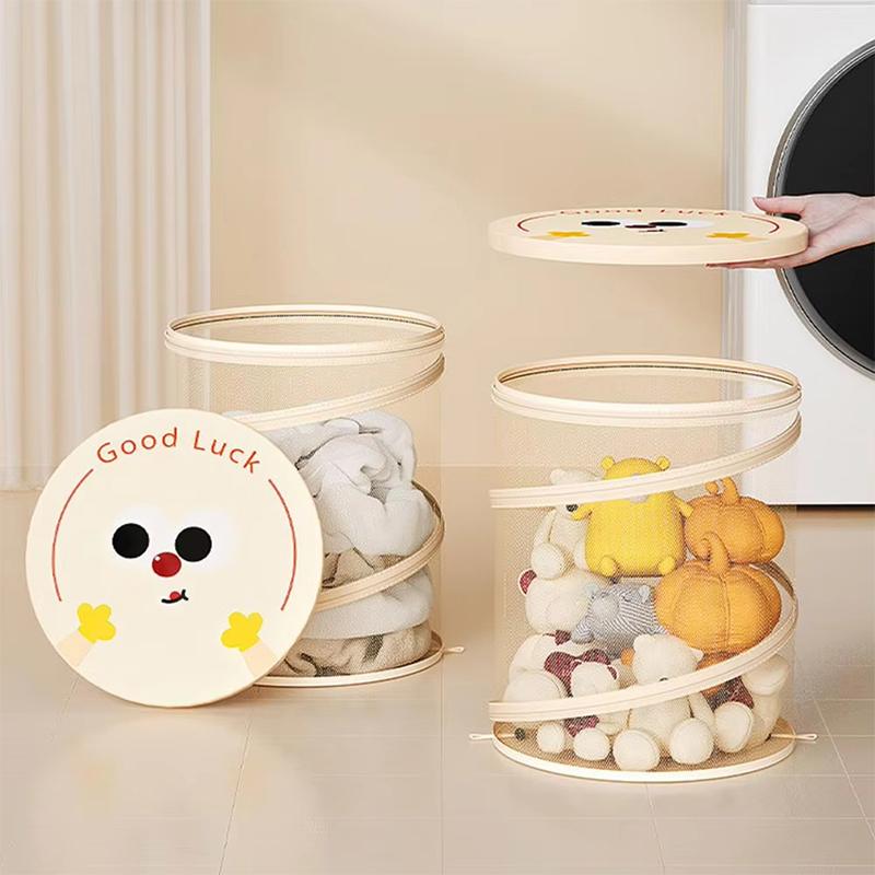 Cute cartoon Foldable Cylindrical Laundry Basket With Lid Large Capacity Toys Clothes Mesh Basket Household Package Durable