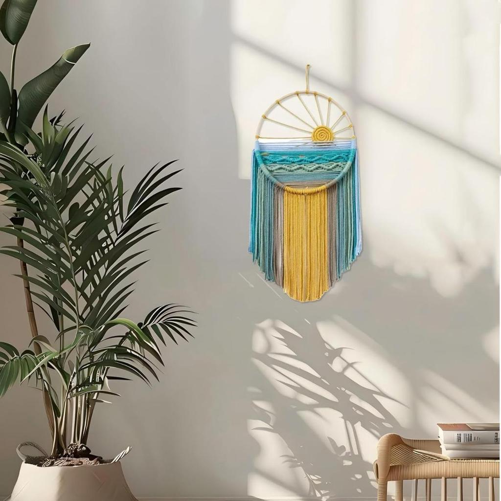 Arazzo da Parete Macramè Boho Sole Decorazione Murale, Acchiappasogni Colorati Intrecciati per Soggiorno Casa Stanza 60 cm L x 30 cm L