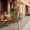 Damen Sommer Mode Polka Dot Bodycon Kleid mit Rundhalsausschnitt Gürtel Taille Enganliegend Midi Kleid