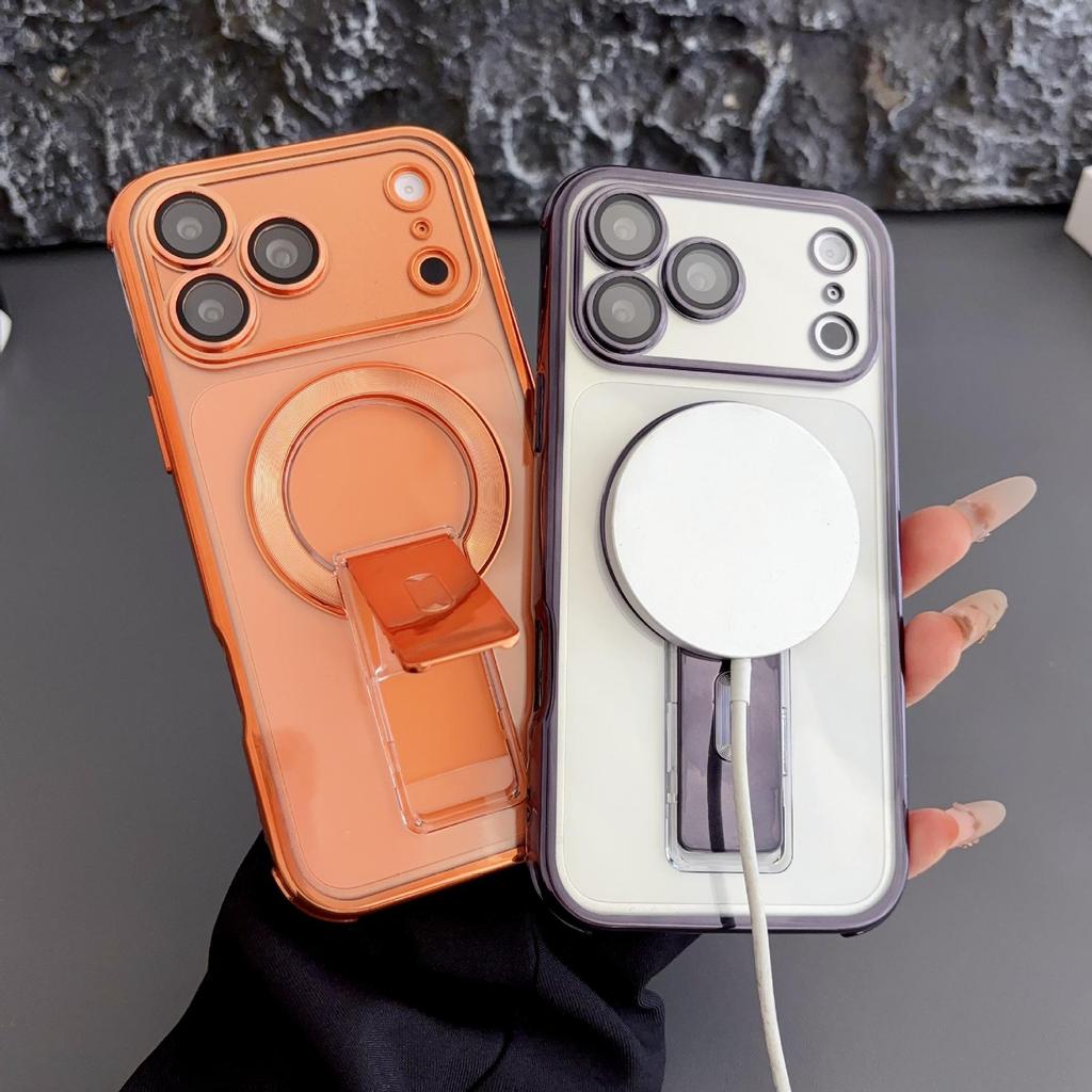 Invisible Magnetic Bracket Phone Case with Drop Protection for Apple iPhone 17 Pro Max - Electroplated Design