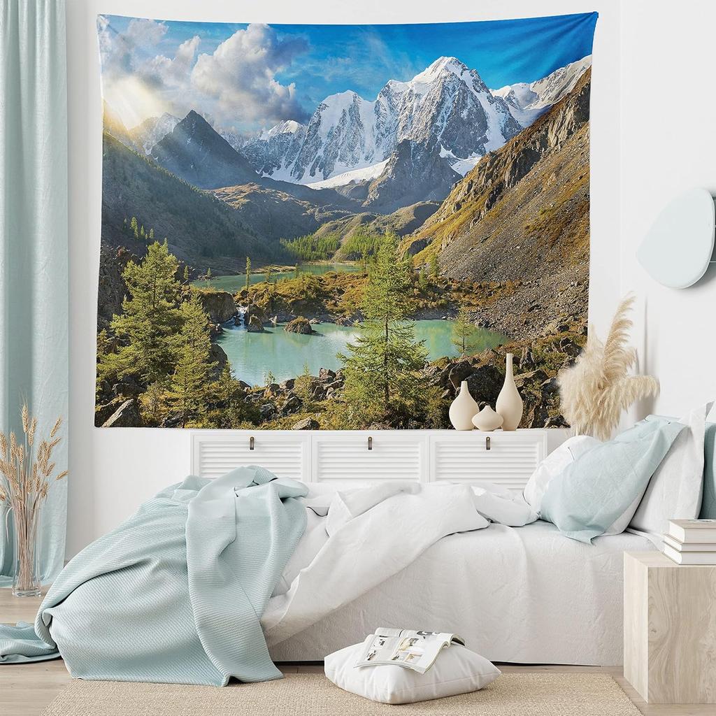 Landscape Tapestry Lake Mountain Forest Landscape Lago Di Carezza Wild Nature Scenic Picture Wide Wall Hanging for Bedroom