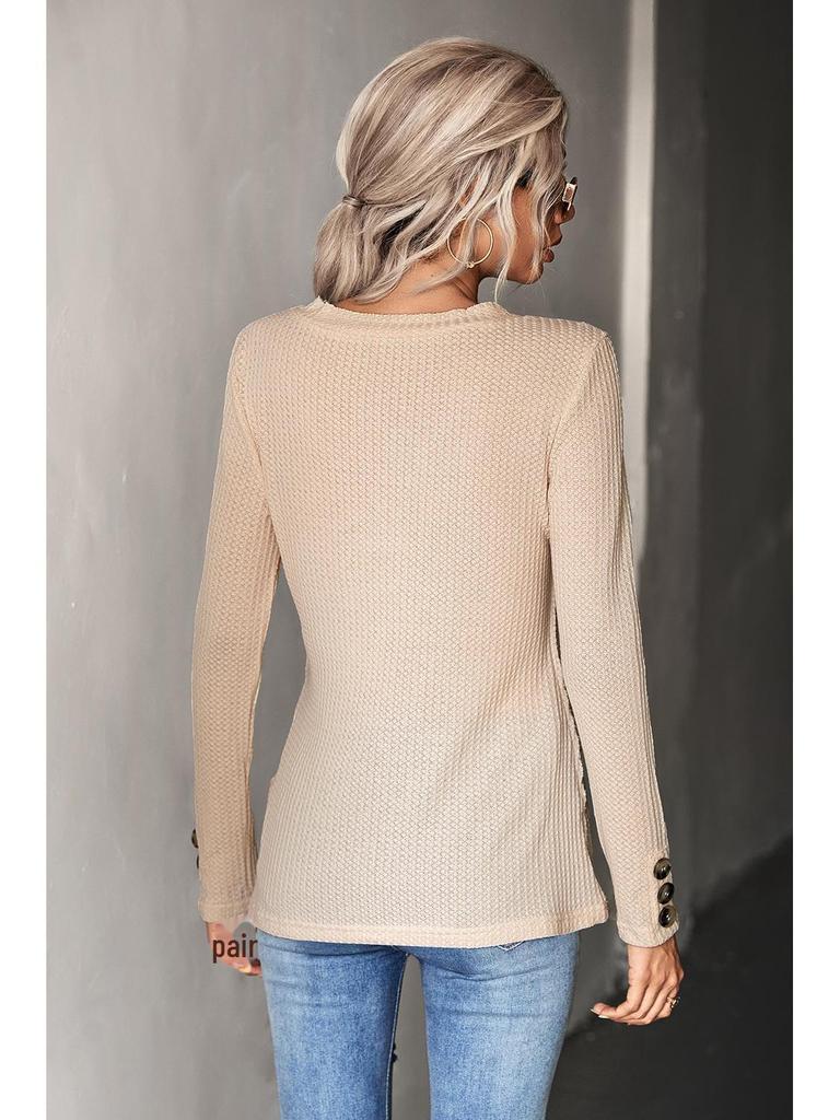 2024 Sonbahar Kadın Düz Renk Waffle Düğmeli Üst - Avrupa & Amerikan Stili