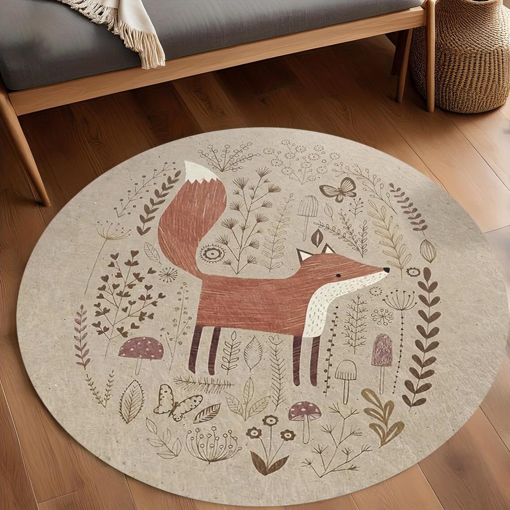 Woodland Fox Round Rug Flannel Nature Inspired Decor For Nursery Kids Room Brown Beige Mushrooms Butterflies Leaves Soft NonSlip