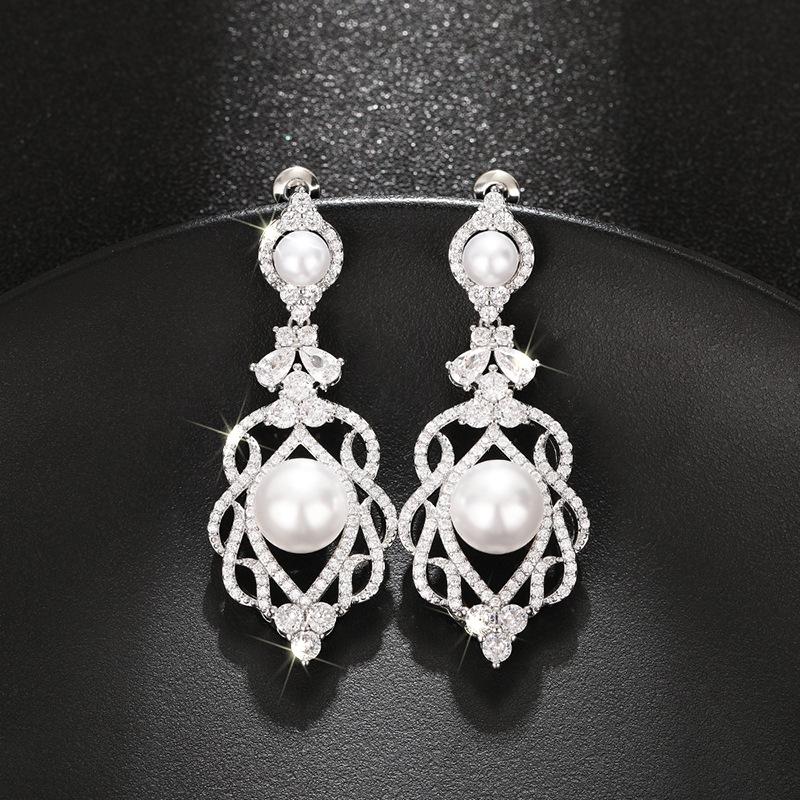 Ruili Magazine Bridal Earrings, Light Luxury Elegant Flower Imitation Pearl Zircon Earrings, Wedding Earrings