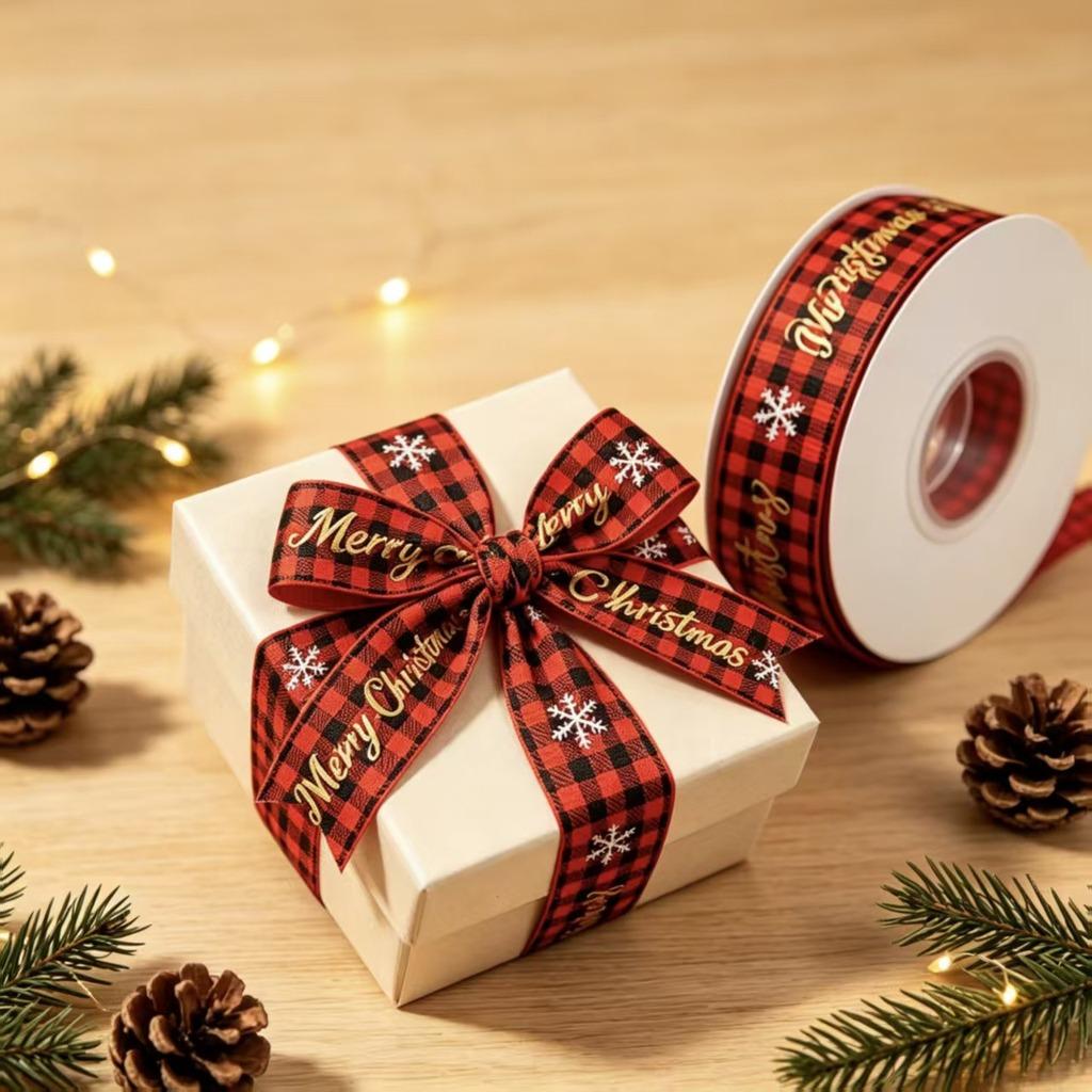 Gold Foil Checkered Christmas Ribbons 25 Yards/roll 2cm Width Assorted Set for Gift Wrapping Holiday Decor DIY Crafts