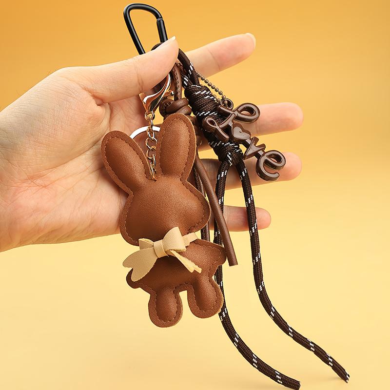 Yogodlns Adorable PU Leather Rabbit with Tiny Bow Bag Charm Keyring Cut Animal Pendant for Handbags & Backpak Design Hanging