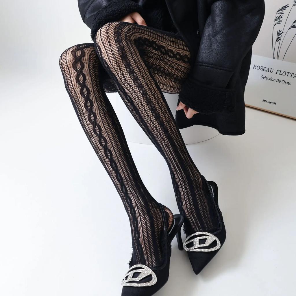 Bas Résille Sexy en Dentelle pour Femmes Lolita Ajouré Uni Collants Irréguliers à Peau Nue pour Femmes Mince Y2k Bas Corps