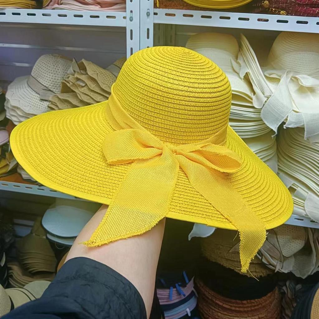 Korean Version of Straw Sun Hat, Foldable Women's Summer Bow Sun Hat, Vacation Big Along the Beach Straw Hat Big Brim