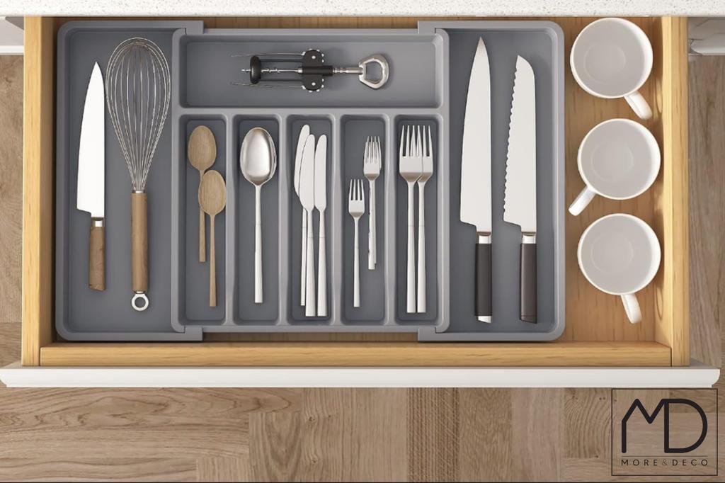 Kitchen Drawer Organizer for Cutlery, Extendable Kitchen Insert, Gray
