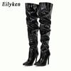 Fashion Eilyken Red Women Over The Knee Boots High Heels Patent Leather Solid Pointed Toe Stiletto Side Zipper Sapatos Femininos