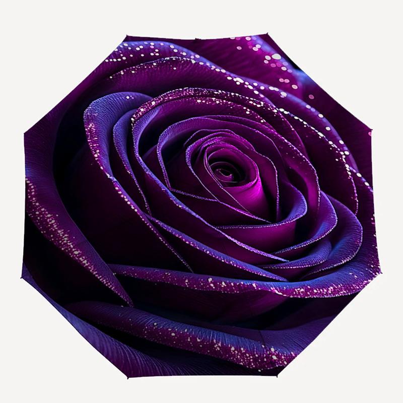 Purple Rose Sparkle Automatic Folding Umbrella Compact 8 rib Design, Unique Style, Suitable for Everyday Outdoor Use, Perfect Gift for Frien
