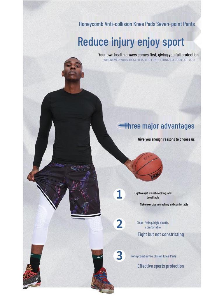 Men's Seven-Point Honeycomb Compression Basketball Pants with Knee Protection