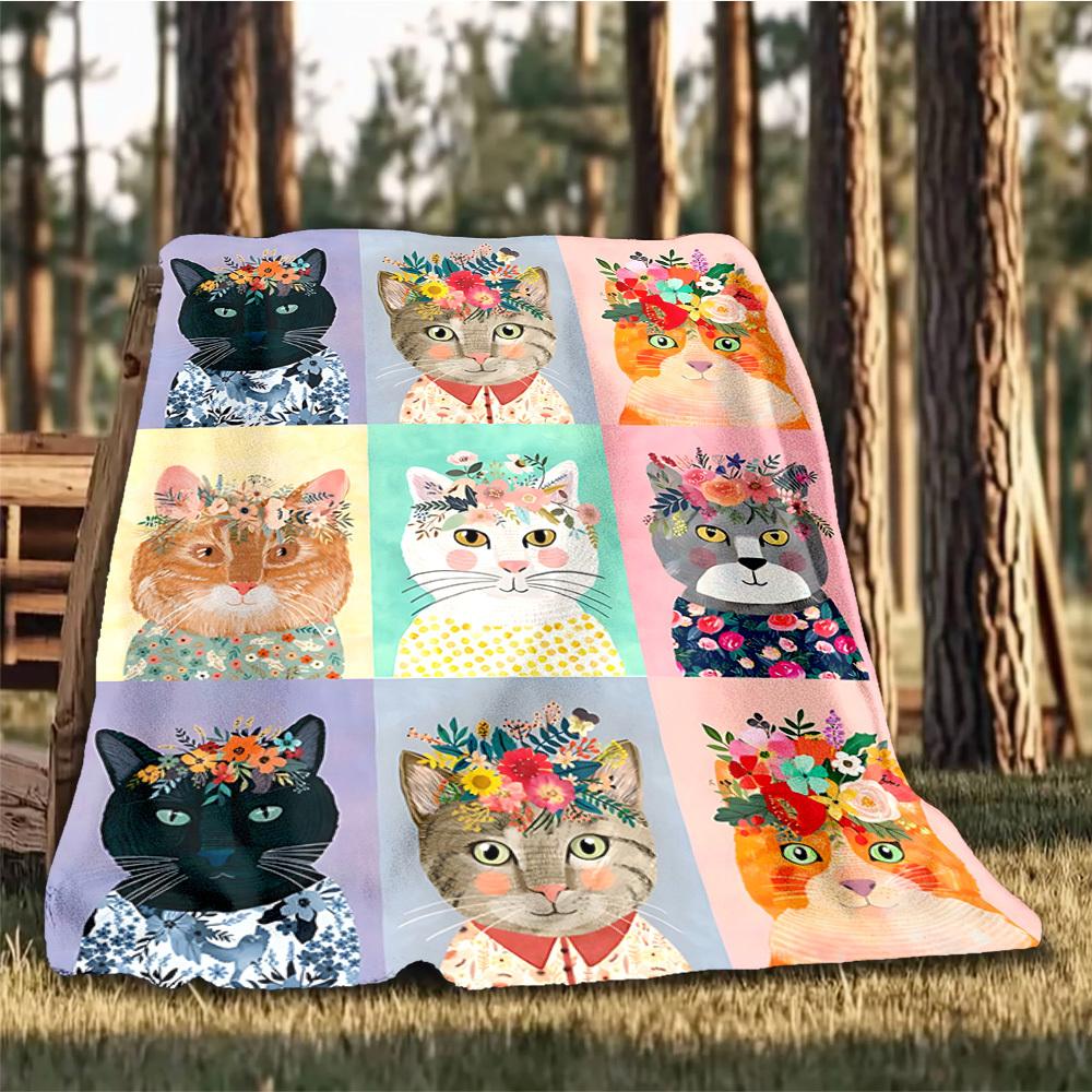 1pc Floral Cat Prints Outdoor Flannel Blanket Soft All Season Polyester Throw , Perfect for Picnics & Travel , Picnic Accessory
