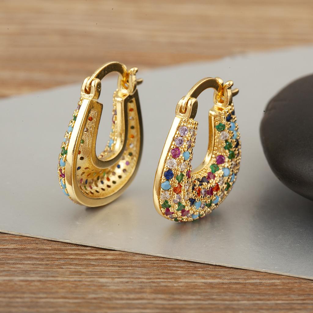 Nidin High Quality U Shape Copper Inlaid White/Colorful Zircon Hoop Earrings For Women Female Wedding Party Ear Jewelry Gifts