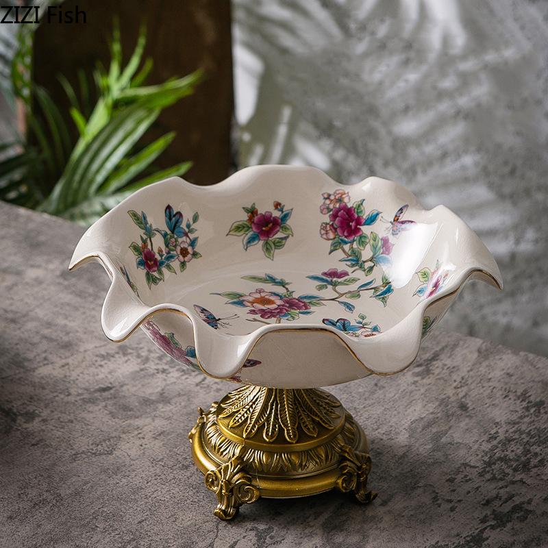 Classical Blue Flower Pattern Fruit Bowl Storage Trays Snack Dessert Plate High Footed Fruits Plate Coffee Table Fruits Tray