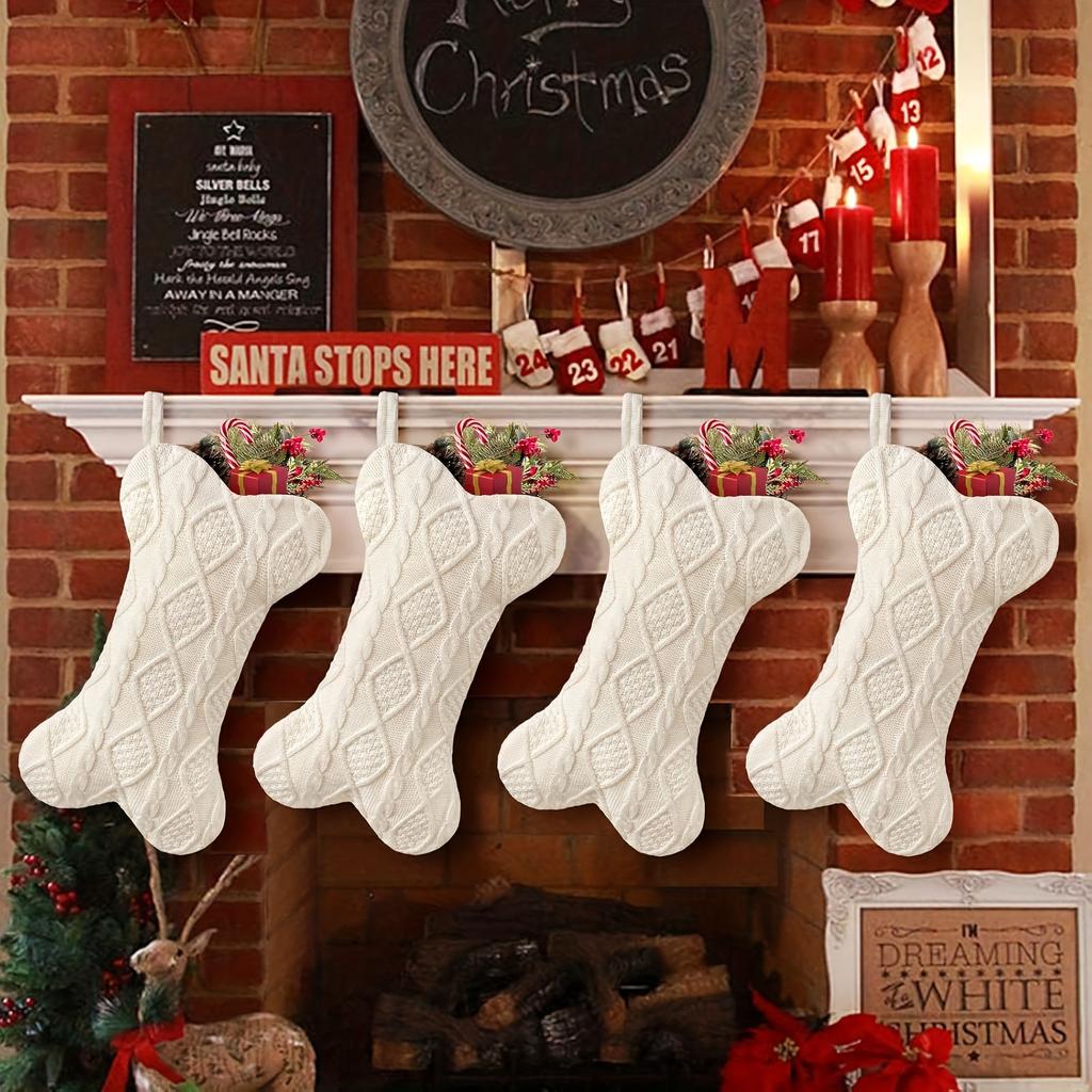 Knit Christmas Stocking, Bone Shape Dog Stocking, Festive Holiday Decor for Home & Kitchen, Christmas Tree Decoration Gift Bag.