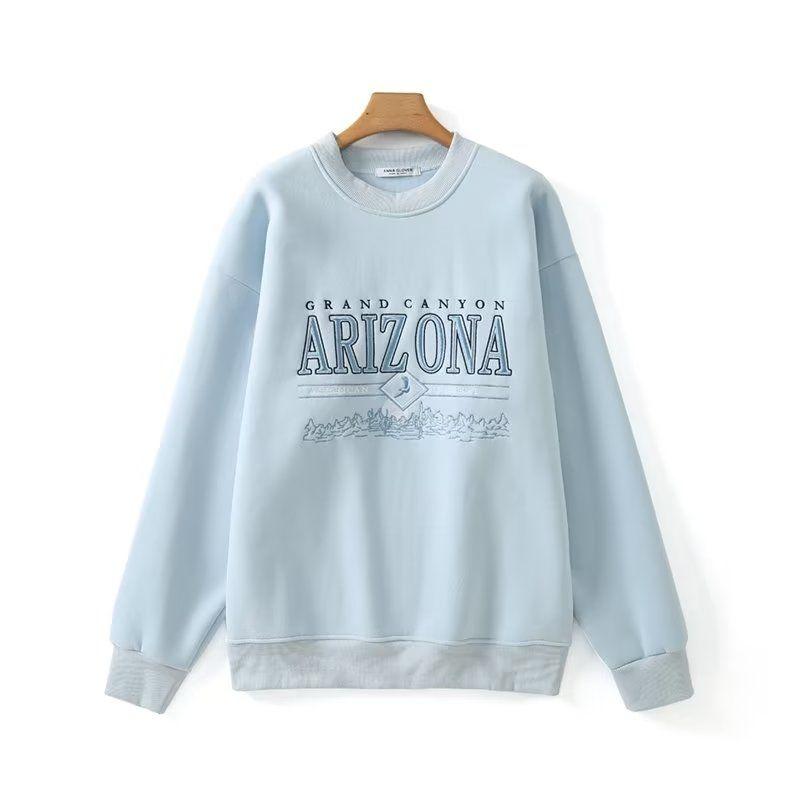 

Sweatshirt Light Blue Retro Loose Long Sleeves Thickening Embroidery Light Blue One size