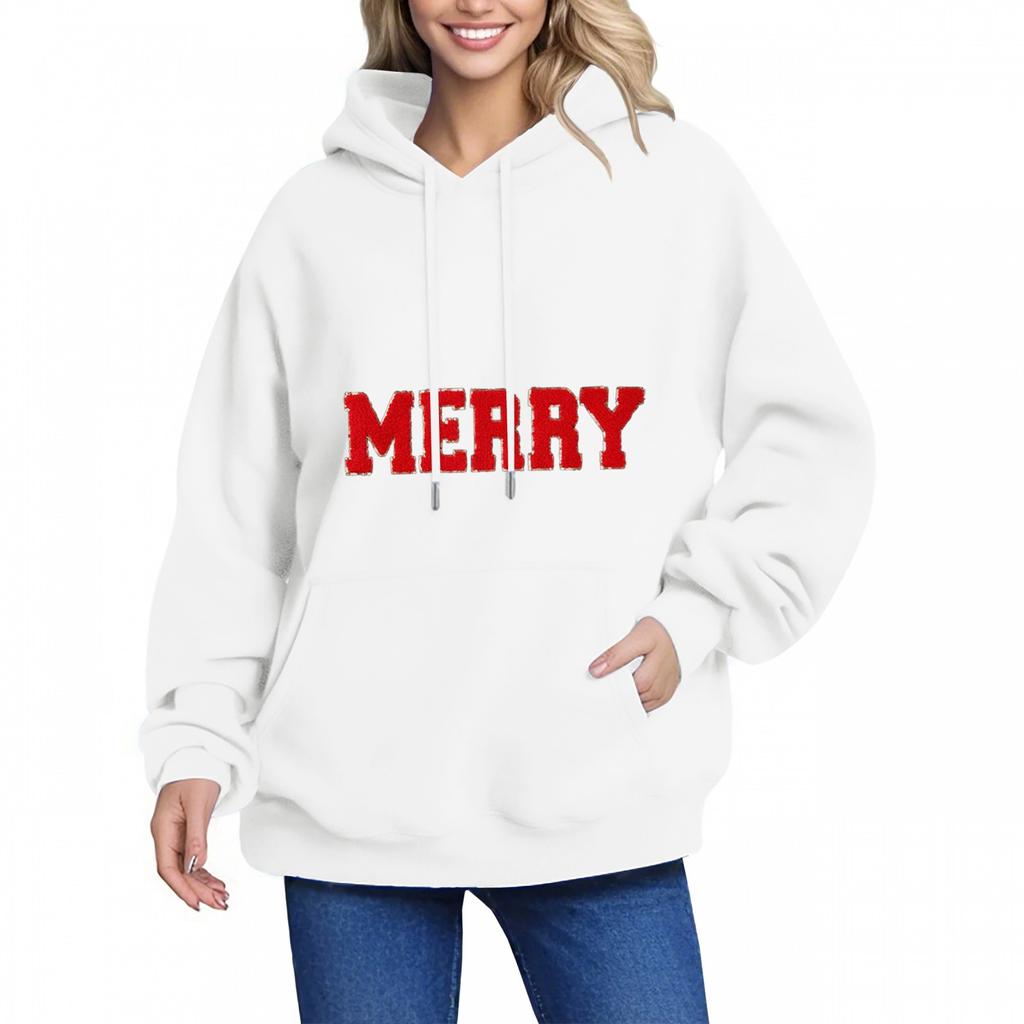 MERRY Women's Hoodie Letter Small Print Long Sleeve Pocket Loose Pullover Sweatshirt Top