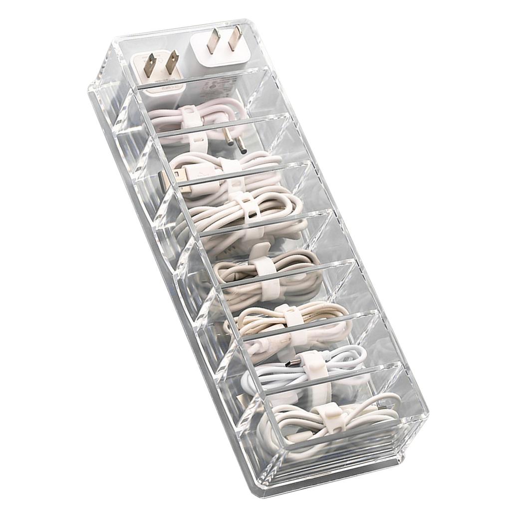 Data Cable Storage Box Transparent Multi Grids Large Capacity Charging Cord Organizer Box with 10 Wire Ties for Drawer