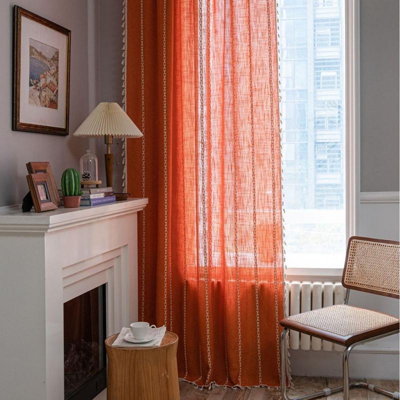 Curtain Half Blackout Cotton Linen Stripe Embroidery Orange Tassel American Curtain for Bedroom Bay Window Curtain Finished