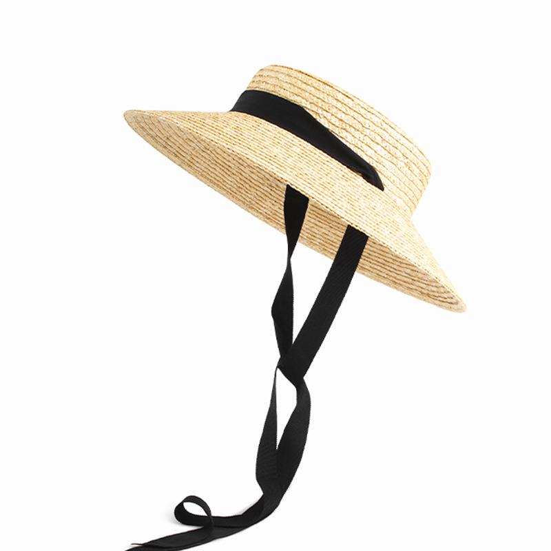 Fashion Women Summer Hat Wide Brim Beach Hat Ribbon Tie Wheat Straw Hat Outdoorsman Boater Hat Sun Protective Panama