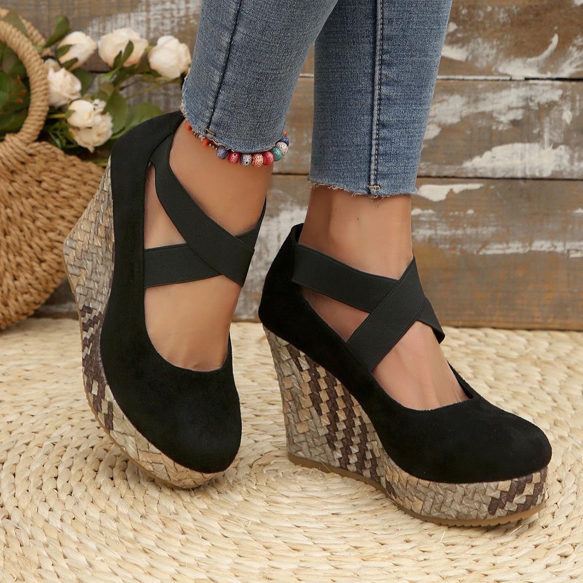 

Европейская красивая женщина танкетка 2025 новая весна и осень круглый носок модная платформа высокий каблук ремешок крест-накрест туфли-лодочки солома 35 чёрный