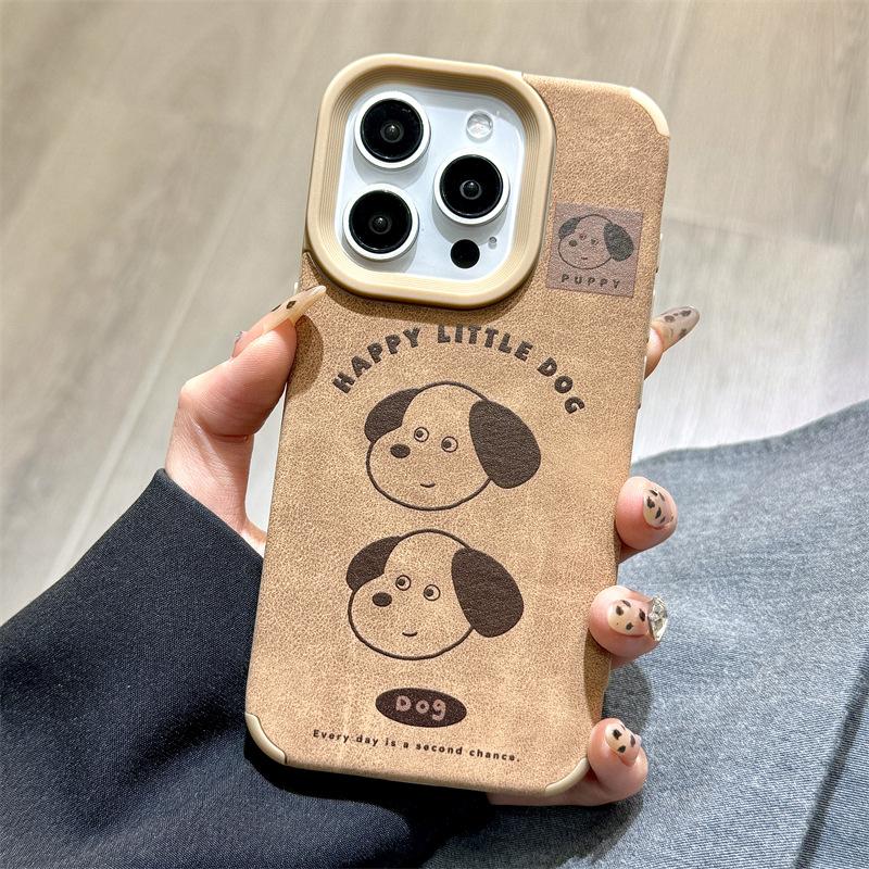 Cute Oil Painting Line Dog Iphone16promax Apple 14 Leather Brown 12 Mobile Phone Case 15 Anti-fall 13