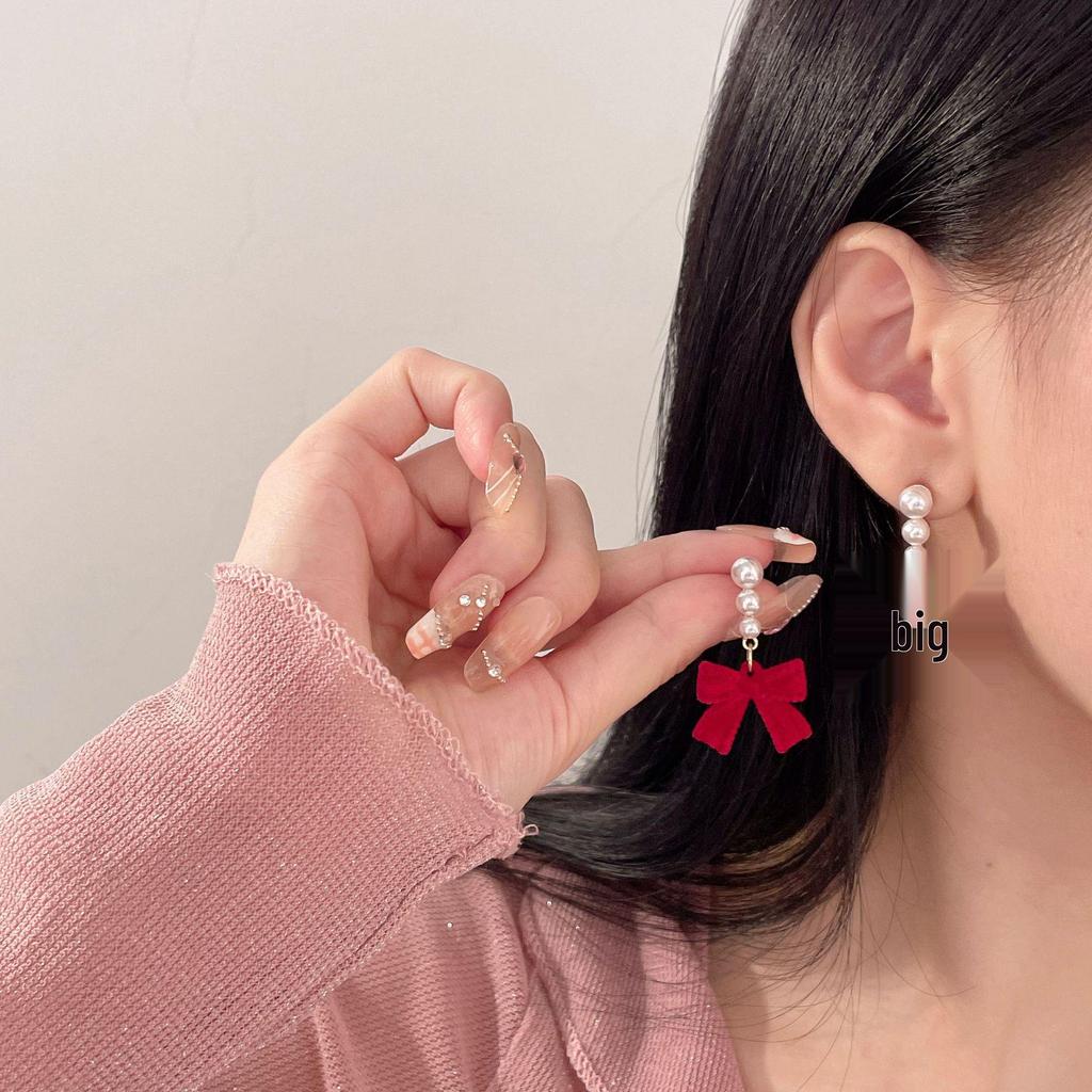 Red Bow Pearl Flocked Earrings: S925 Silver Needle, Women's Autumn/Winter Fluffy Studs