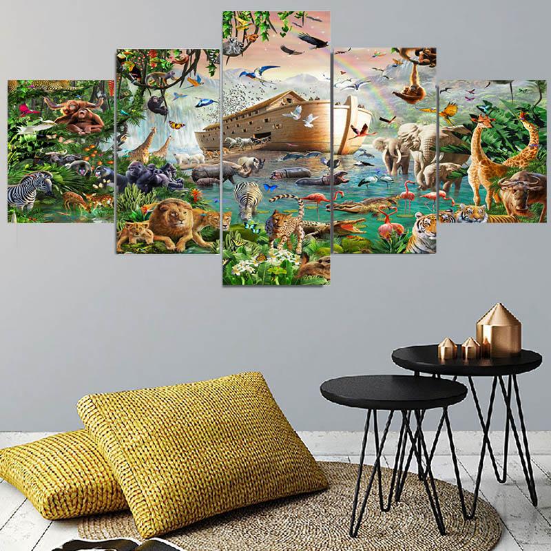 5Panels Tropical Jungle Plant and Animal Landscape Canvas Painting Posters and Prints Wall Art Home Decor for Kids Room No Frame