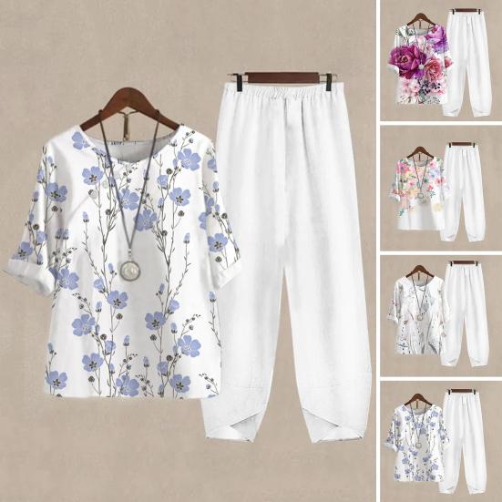 

2 шт./компл., повседневный наряд с круглым вырезом и половиной рукавом, декор на пуговицах, эластичный пояс со средней посадкой, женский топ с цветочным принтом, широкие брюки