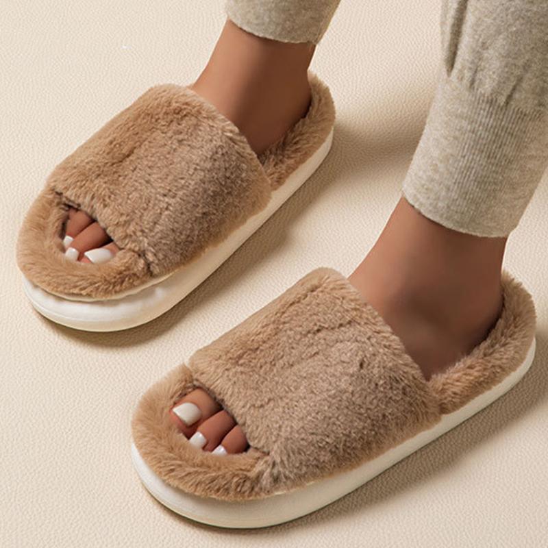Fashion Fashion Open Toe Cotton Slippers for Women Soft Faux Fur Warm Cotton Slippers Woman Indoor Slip On Non Slip On Fur Slides Mujer
