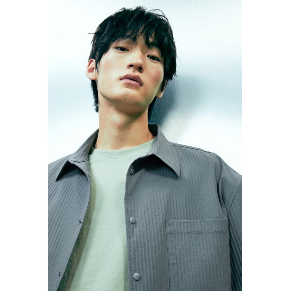 H M Waffle Textured sHirt Loose Fit Dark Grey