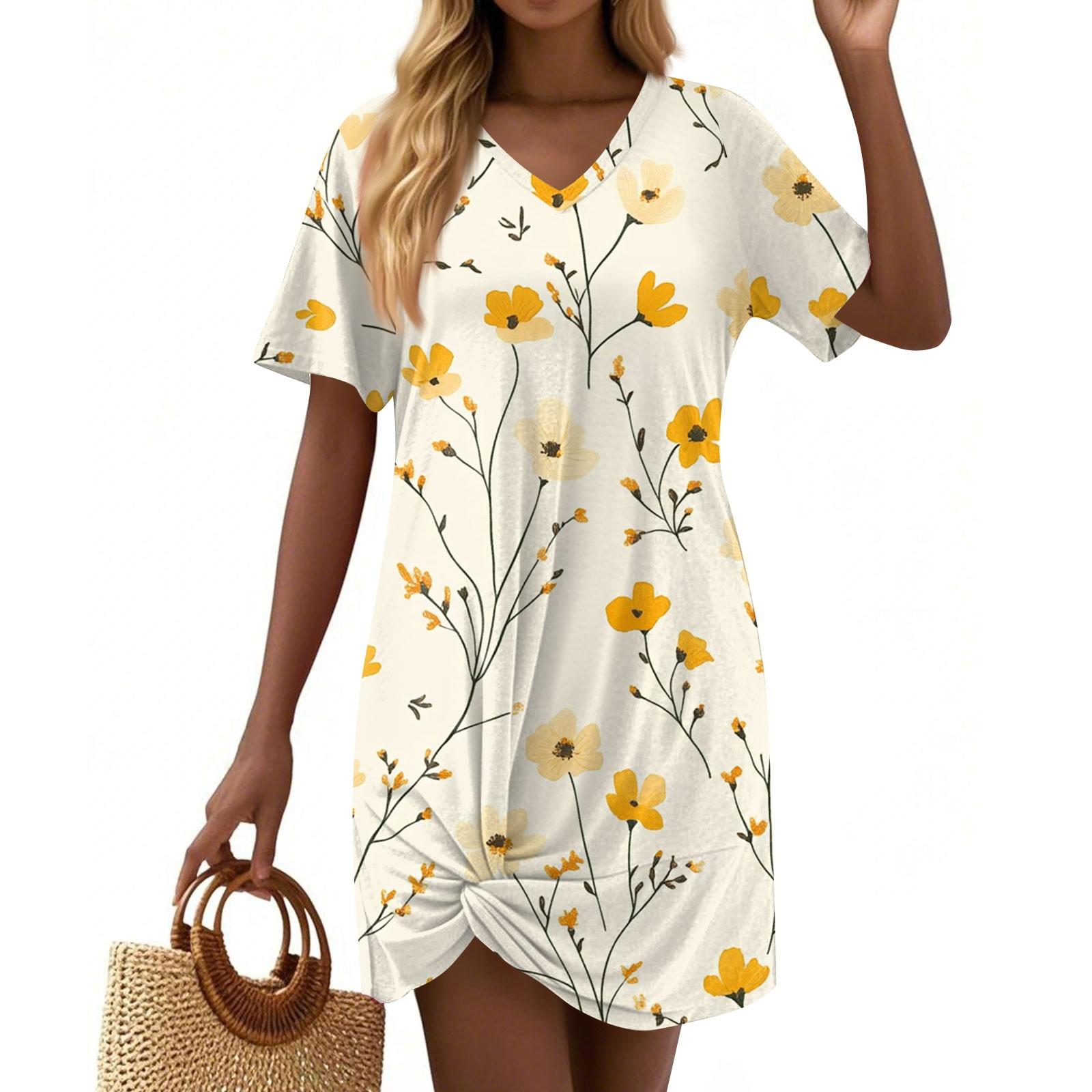 

Women s Summer Casual Floral Printed Hem Knotted Short Sleeve Dresses XL жовтий